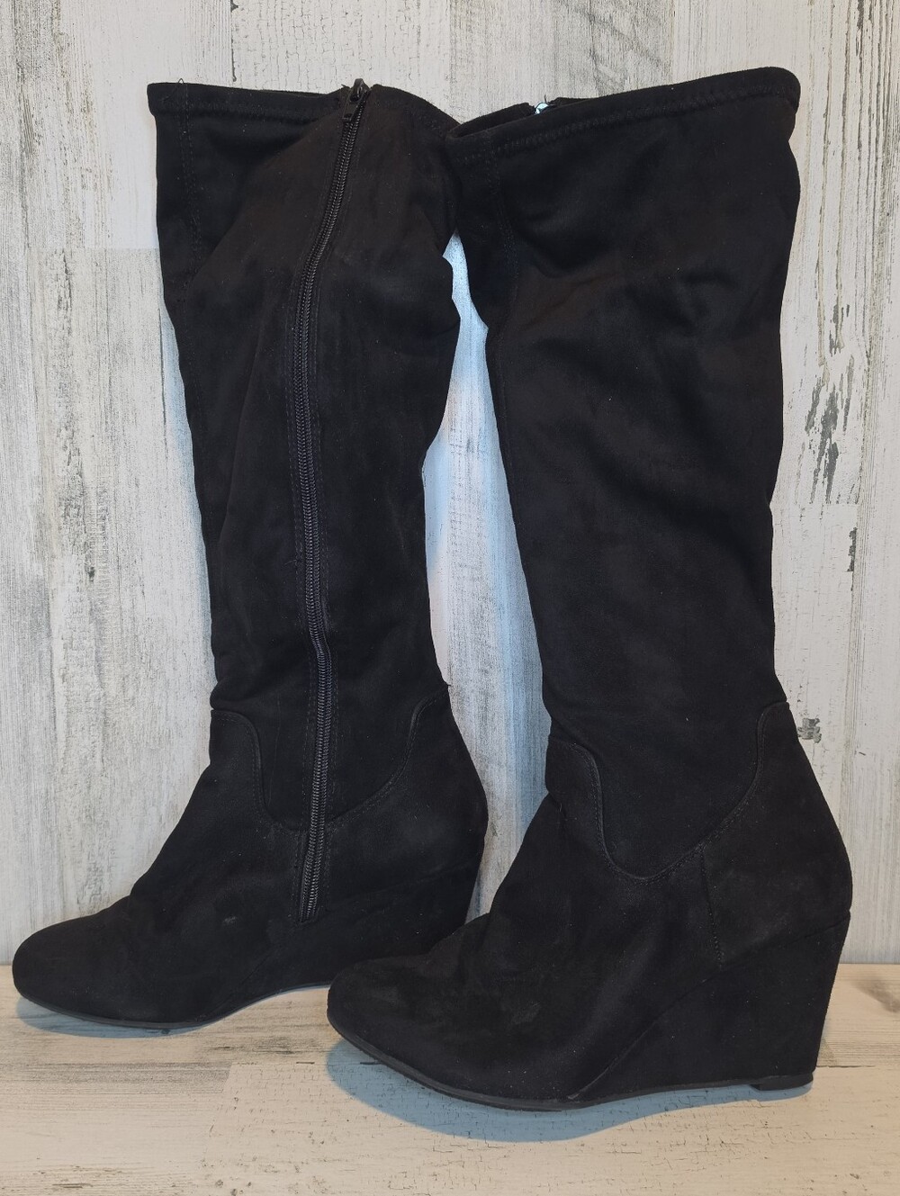 Black Knee High Wedge Boots 7.5 Y2K Whimsy Goth Witchy Halloween Costume Zip